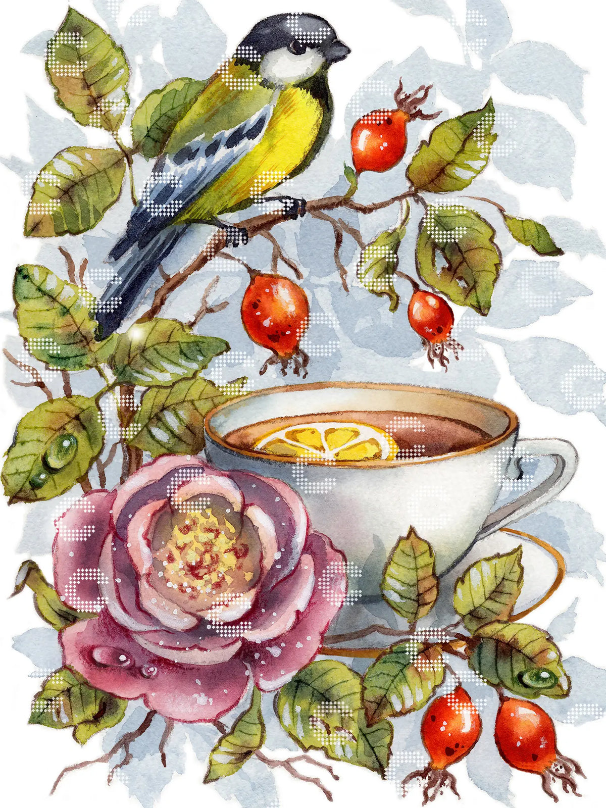 Diamond Painting Original-Bild mit Rosenzweigen, grünen Blättern und Hagebutten, einer Teetasse mit rosa Rose und einer Kohlmeise auf dem Zweig