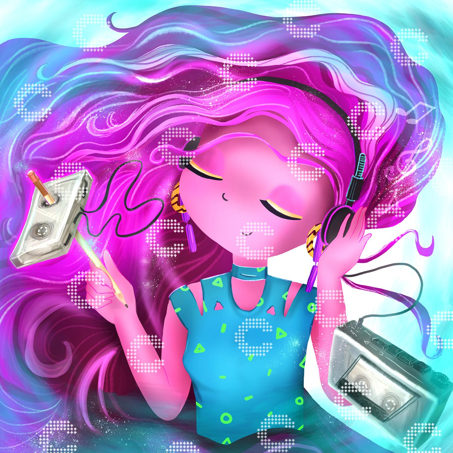 Diamond Painting 90er Jahre Mädchen mit wallenden lila Haaren, Kopfhörern, Kassetten und Walkman im bunten Retro Look