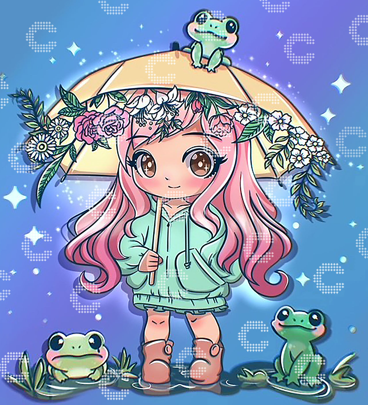 Diamond Painting Mädchen mit langen pinken Haaren und türkisfarbenem Regenmantel unter einem blumengeschmückten Regenschirm, umgeben von drei kleinen Fröschen und funkelnden Regentropfen