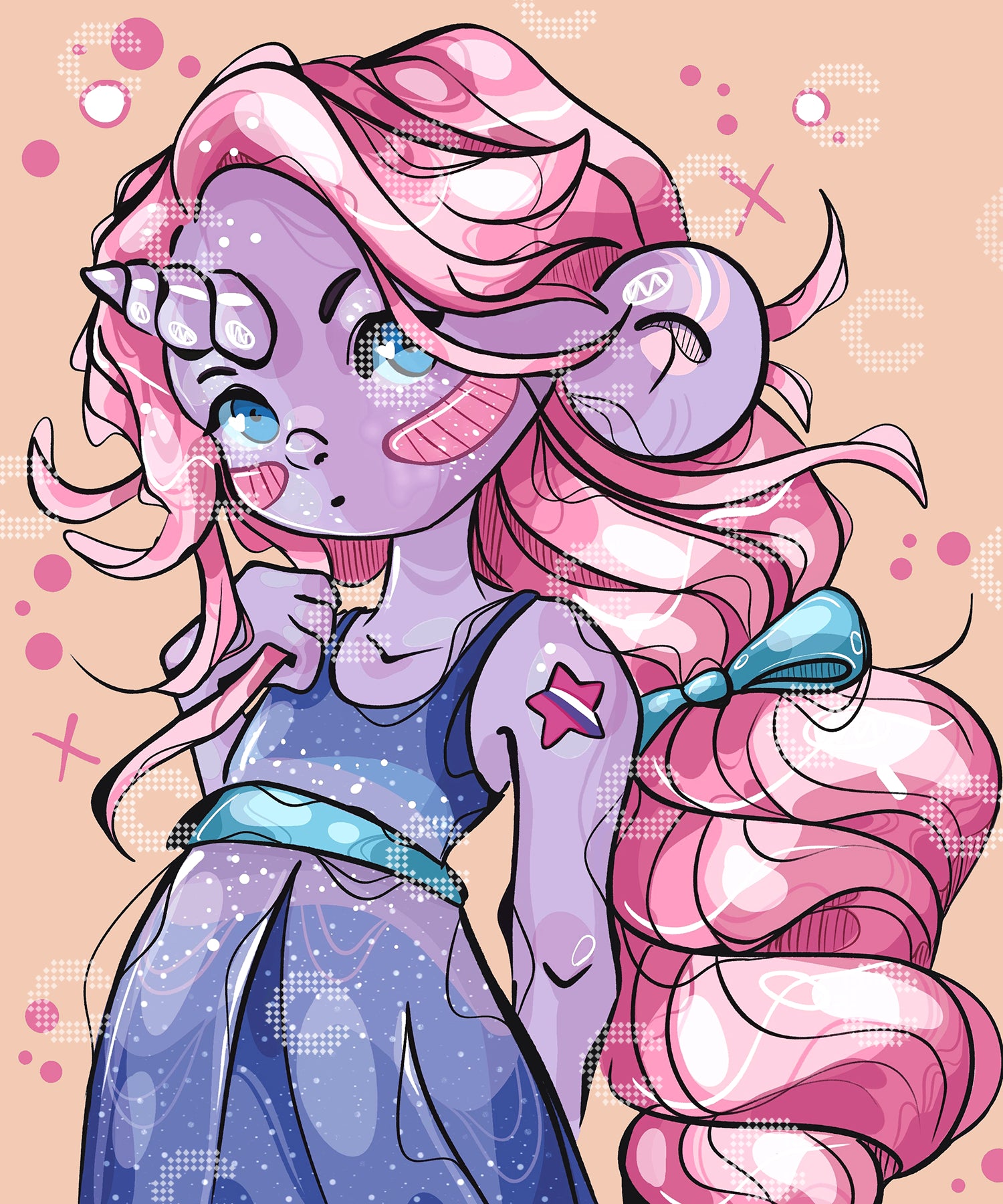 Diamond Painting Fantasy Mädchen mit langen pinken Haaren, Elfenohren und Einhorn auf der Stirn