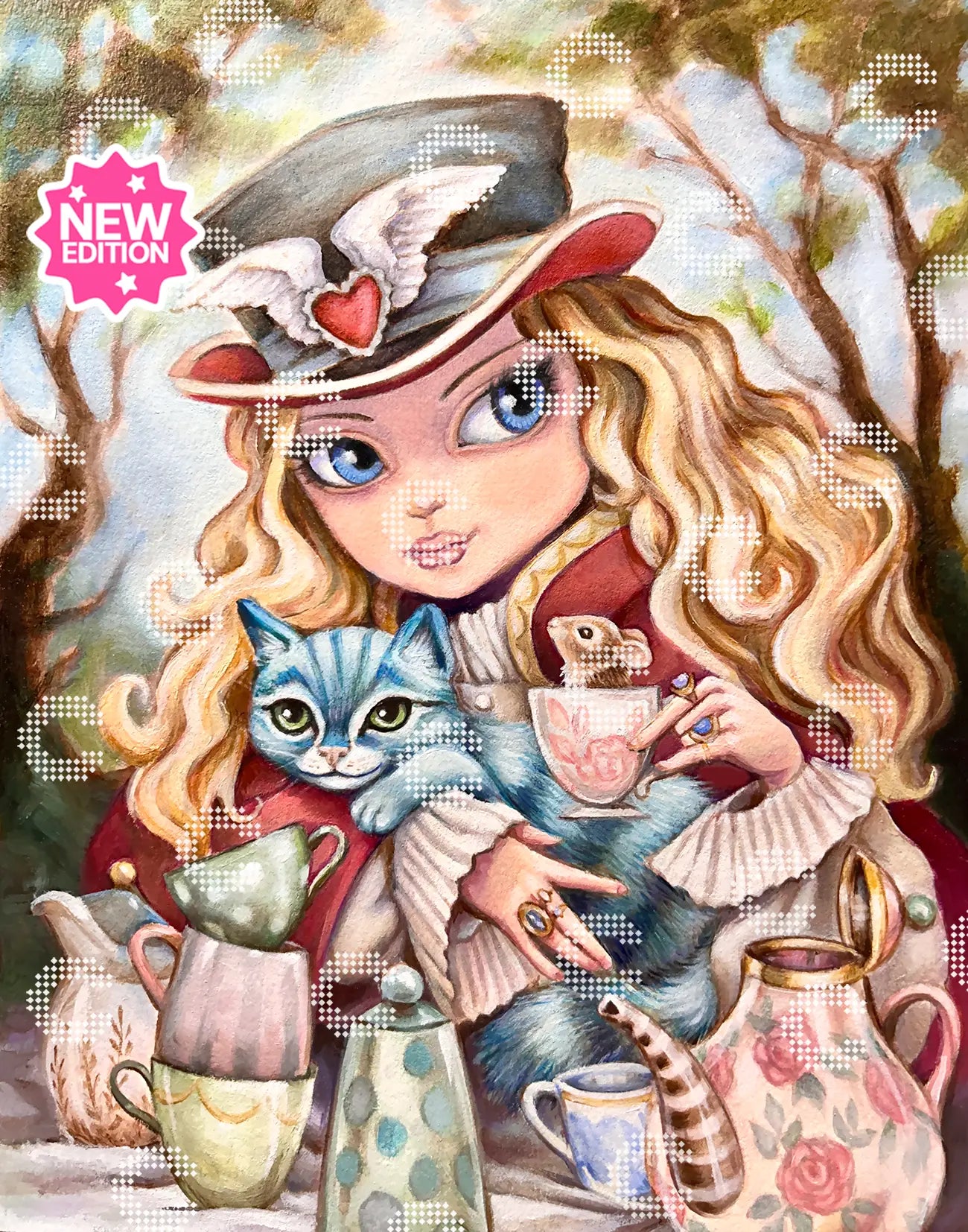Diamond Painting Originalbild Alice im viktorianischen Gewand mit Hut bei einer märchenhaften Teeparty mit Grinsekatze, kleiner Maus und kunstvoll verzierten Teetassen und Kannen