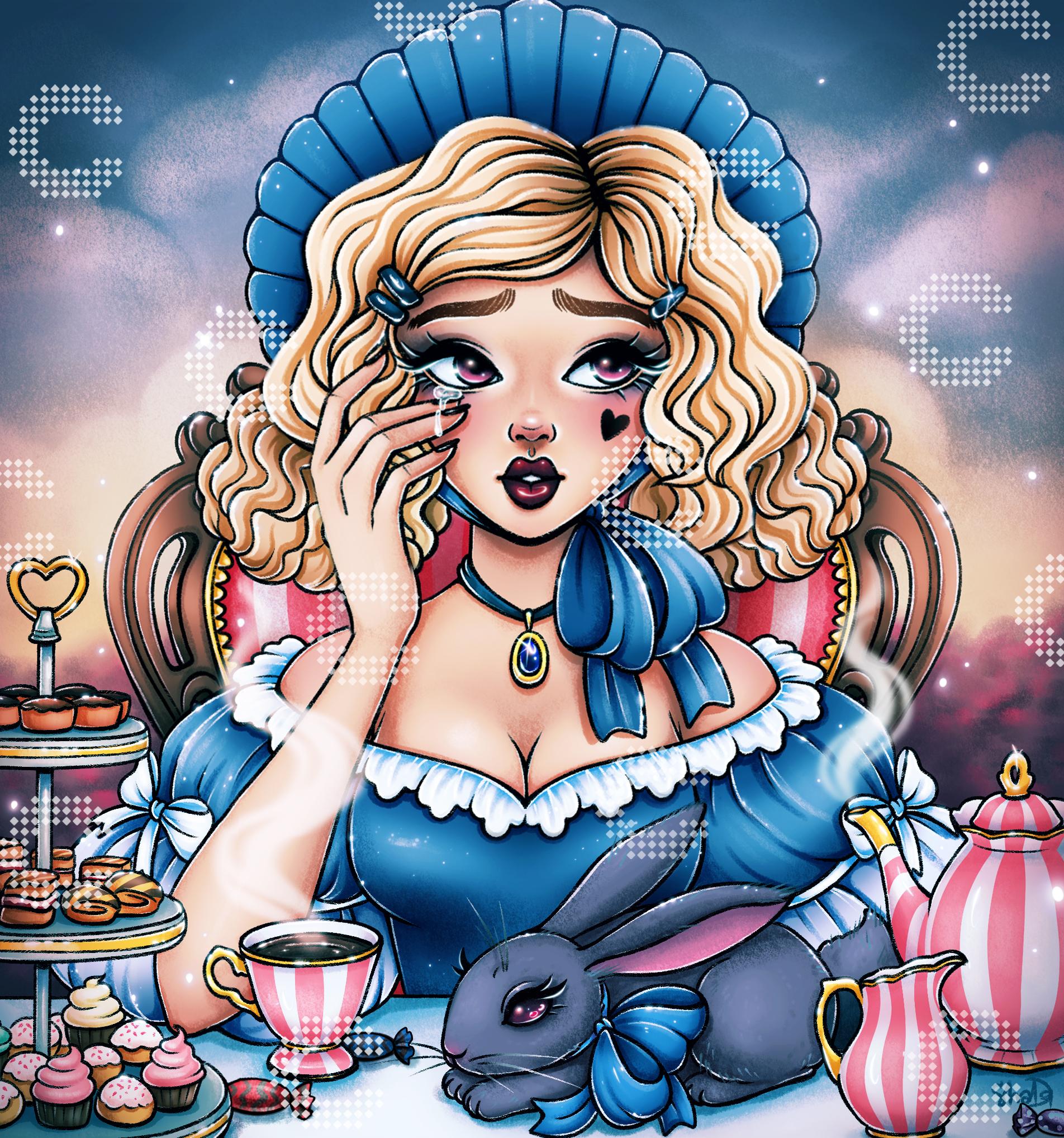 Diamond Painting Alice im Wunderland bei einer Teeparty mit schwarzem Kaninchen, rosa Teeservice und süßen Leckereien