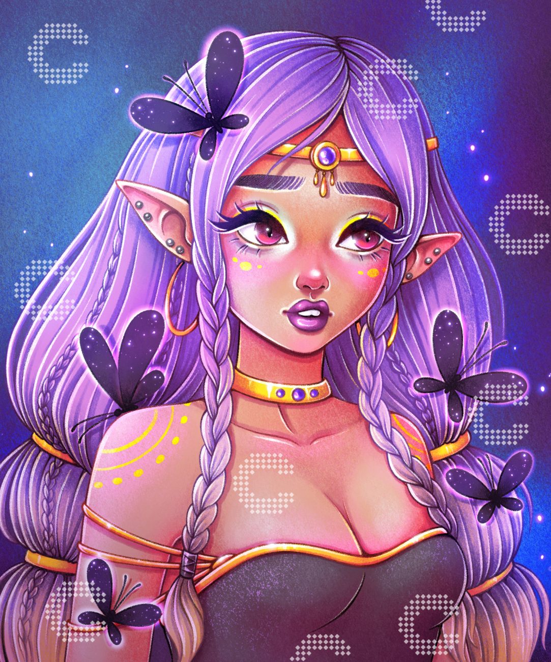 Diamond Painting Elfe mit lila Haaren, dunklen Schmetterlingen und funkelndem Sternenhimmel
