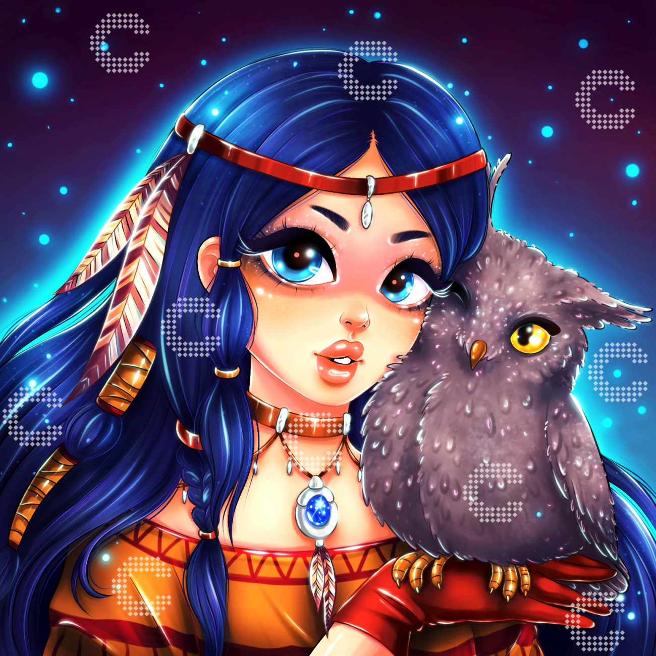 Diamond Painting Indianermädchen mit Federn im Haar, Stirnband und Halsschmuck mit kuschelnder Eule vor Sternenhimmel