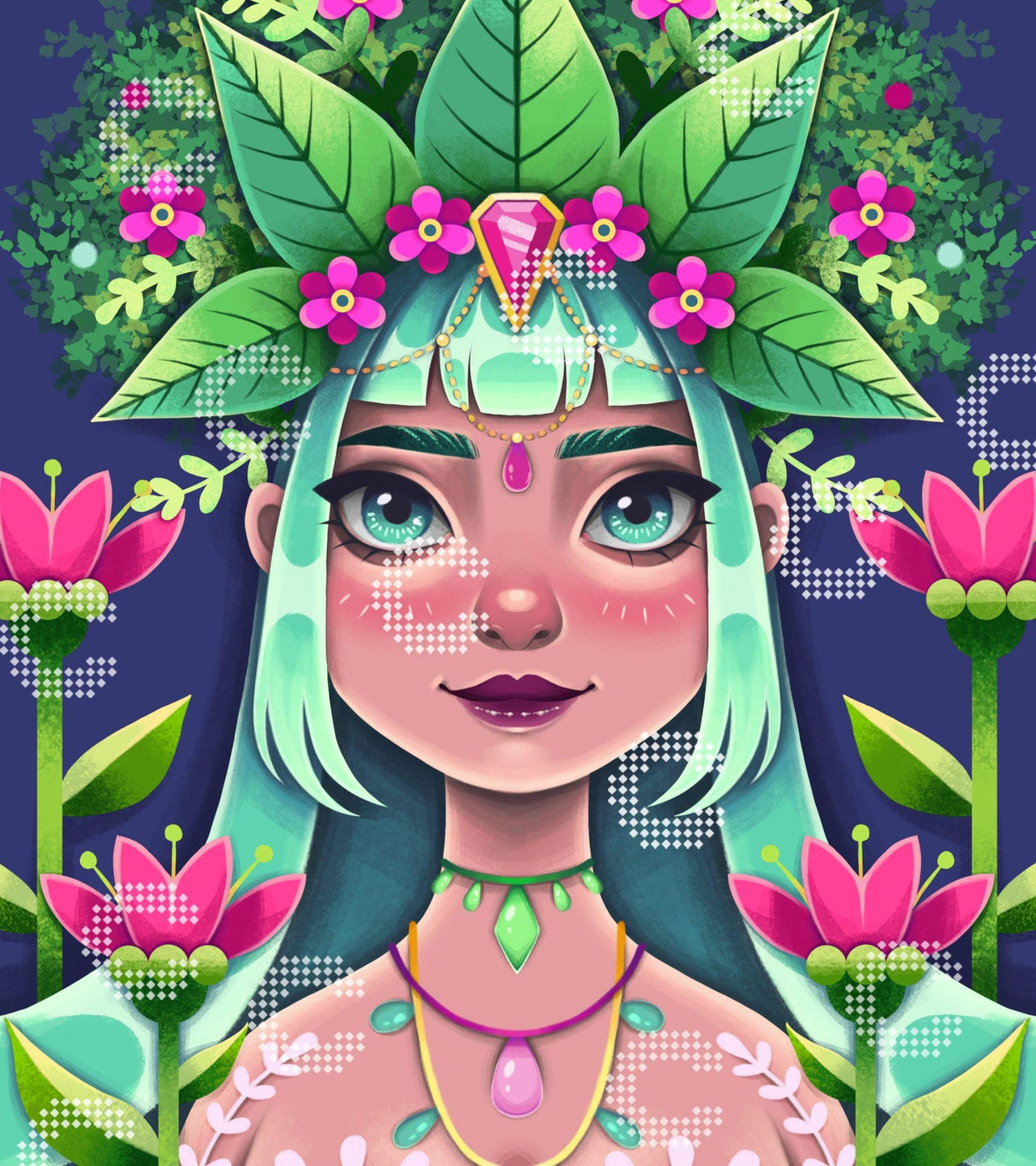 Diamond Painting exotische Schönheit mit Blätter- und Blütenkrone und kunstvoller Körperbemalung, umgeben von üppigen tropischen Blumen und Blättern