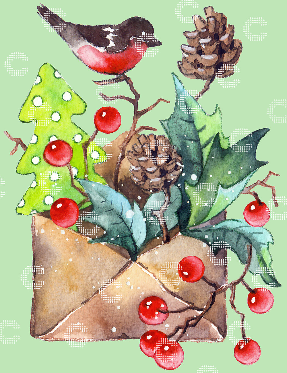 Diamond Painting festlicher Umschlag, aus dem Tannenzapfen, Stechpalmenblätter und leuchtend rote Beeren hervorsprießen, gekrönt von einem kleinen Vogel