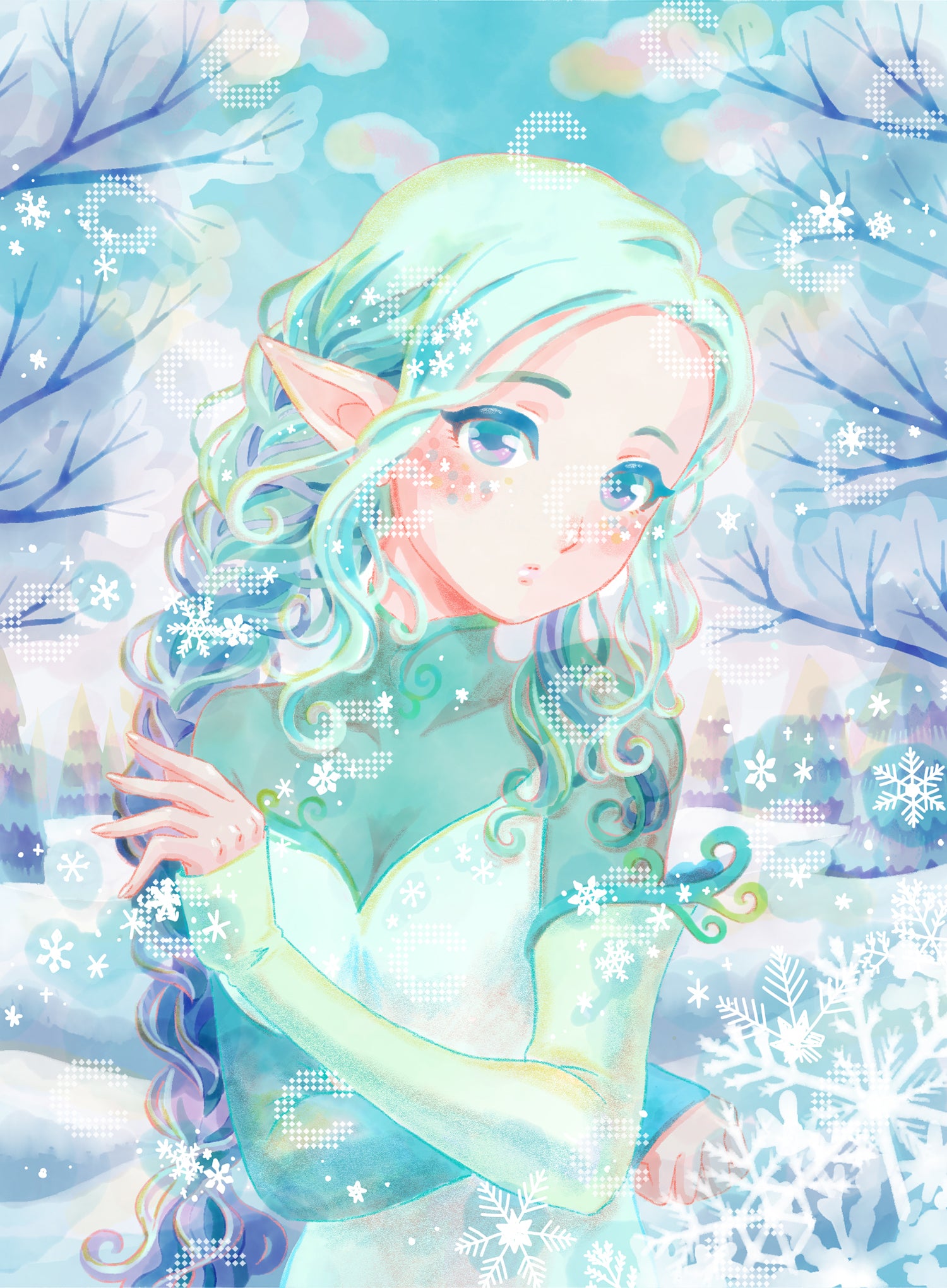 Diamond Painting von Hiroko mit zauberhafter Schneefee, eisblauem Haar und glitzernden Schneeflocken in einer magischen Winterwelt