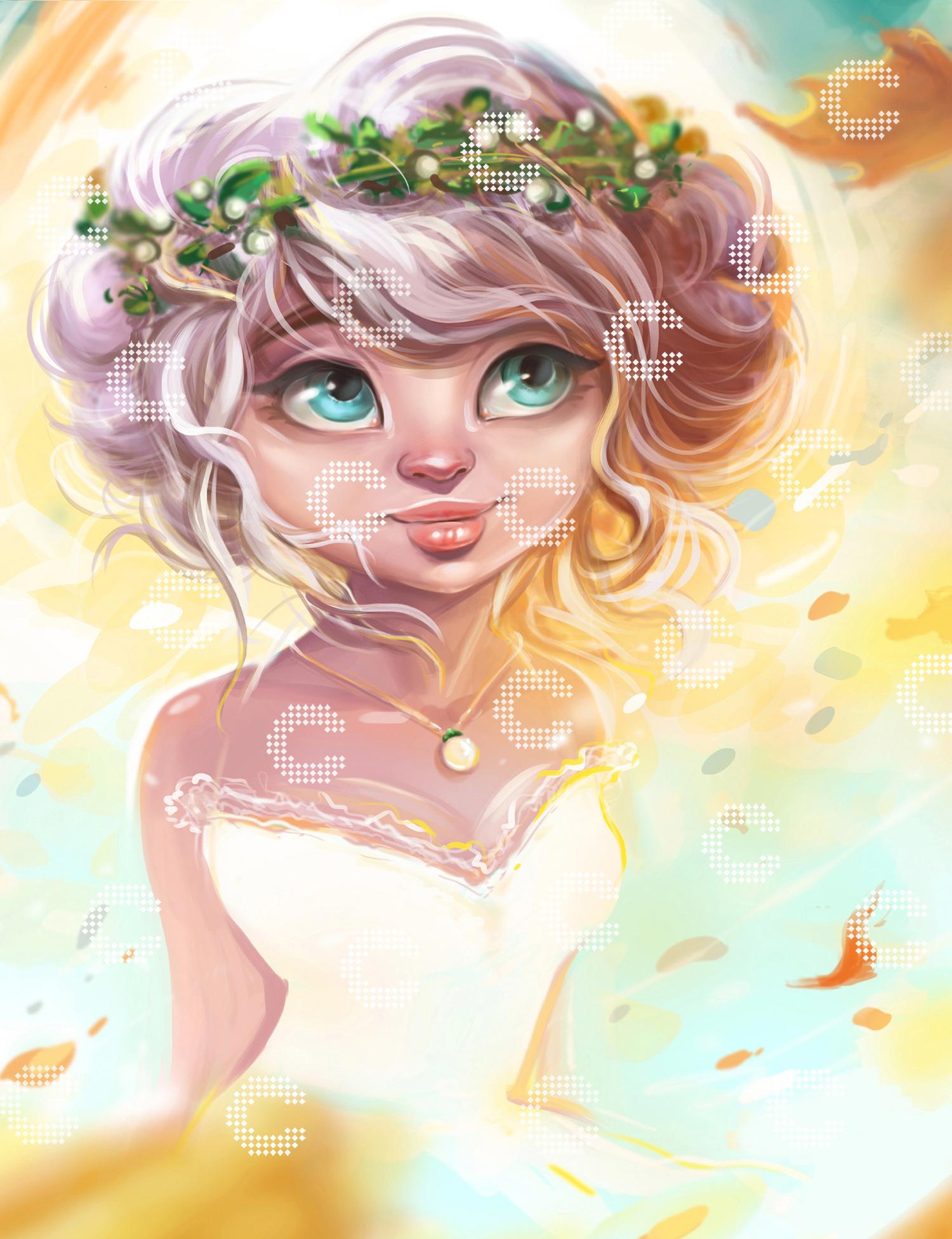 Diamond Painting Mädchen mit großen blauen Augen und zerzausten blonden Locken, geschmückt mit einem Kranz aus Blättern und weißen Perlen, in einem weiß-gelben Kleid