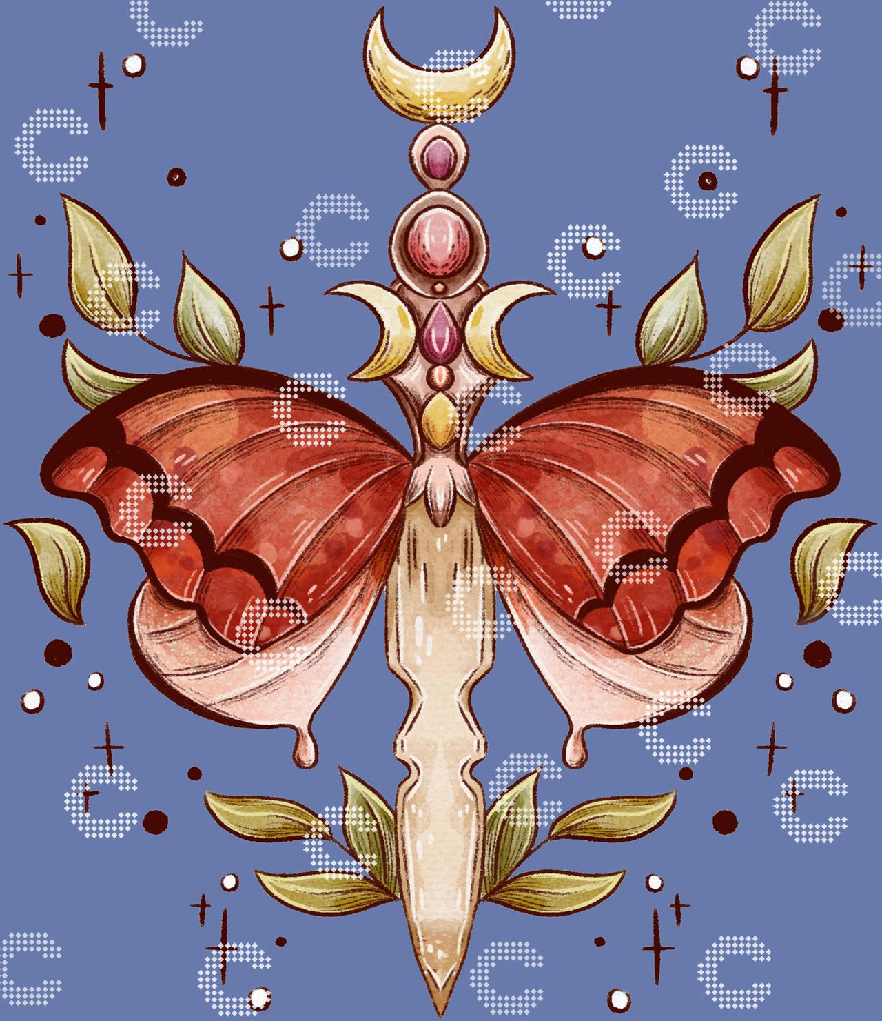 Diamond Painting geflügelter Dolch mit zarten Schmetterlingsflügeln, rotem Juwel, Mondsymbol, goldenen Blättern und funkelnden Sternen