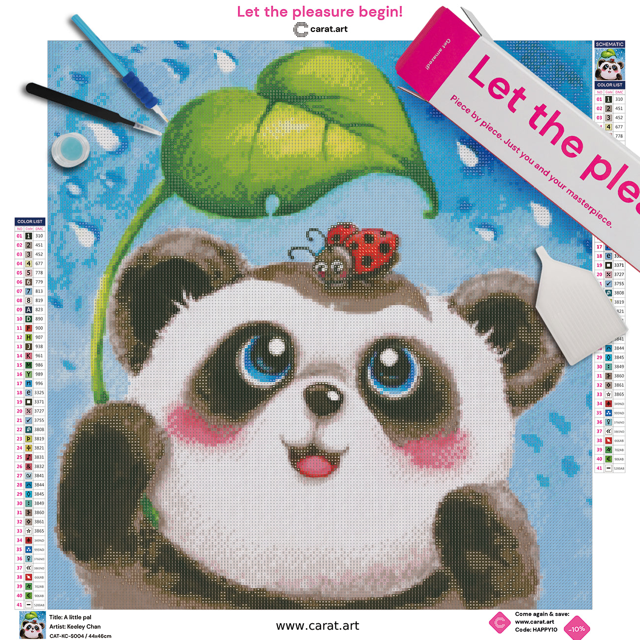 Diamond Painting Set mit Pandabär und Marienkäfer im Regen, Premium Leinwand und hochwertigem Zubehör
