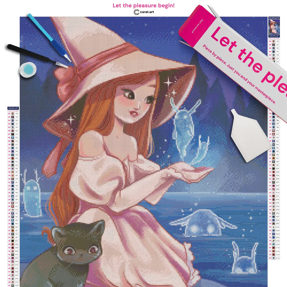 Diamond Painting Set mit kleiner Hexe, schwarzer Katze und leuchtenden Wassergeistern inklusive Leinwand, Carat Art Karton und hochwertigem Zubehör