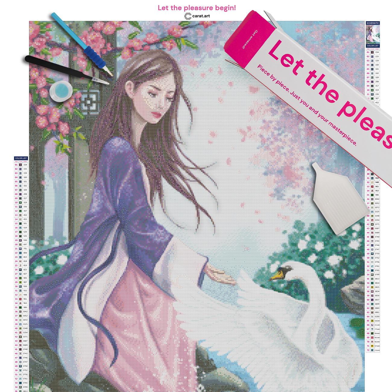 Diamond Painting Set mit Schwan und asiatischem Garten inklusive Leinwand, Carat Art Karton und hochwertigem Zubehör