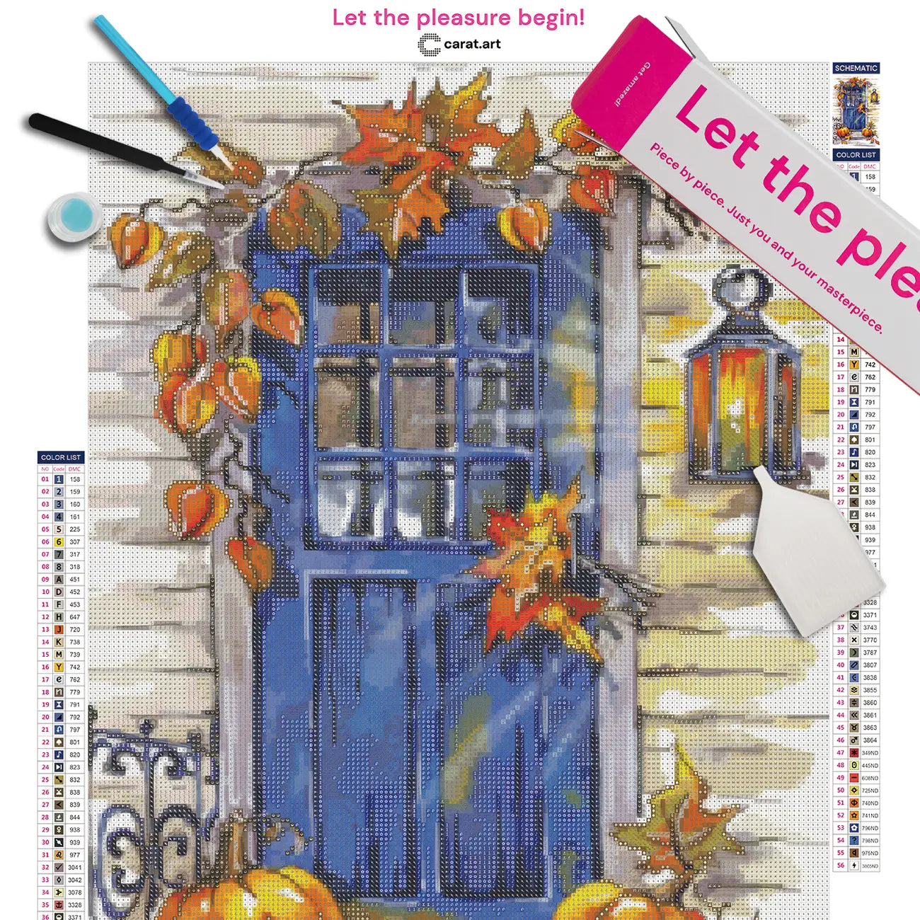 Premium Diamond Painting Set mit Leinwand mit herbstlichem Motiv einer blauen Tür mit Laterne, orangenen Kürbissen und buntem Herbstlaub dekoriert, mit Carat Art Box und Werkzeug-Set