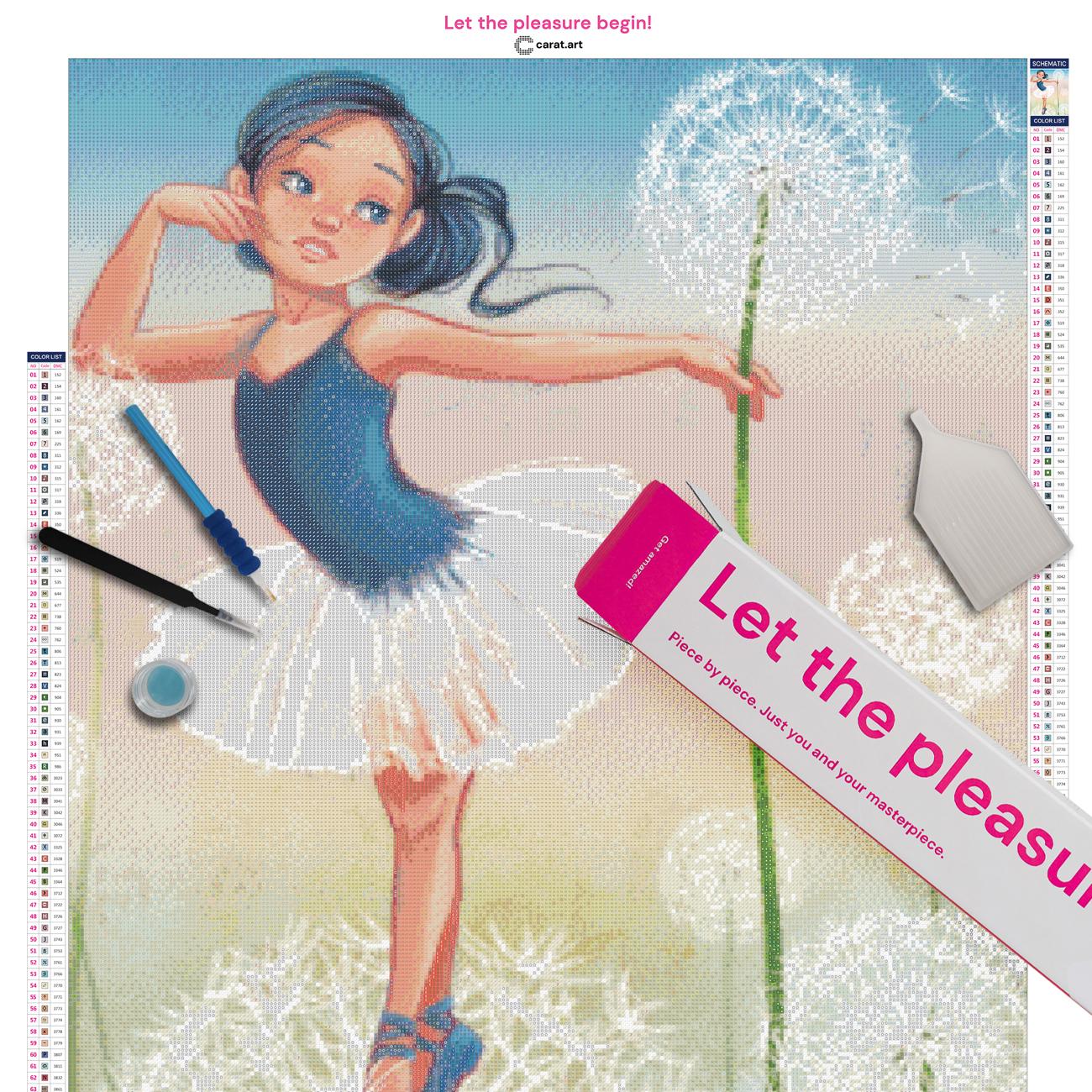 Diamond Painting Set mit Ballerina und Pusteblumen inklusive Leinwand, Carat Art Karton und hochwertigem Zubehör