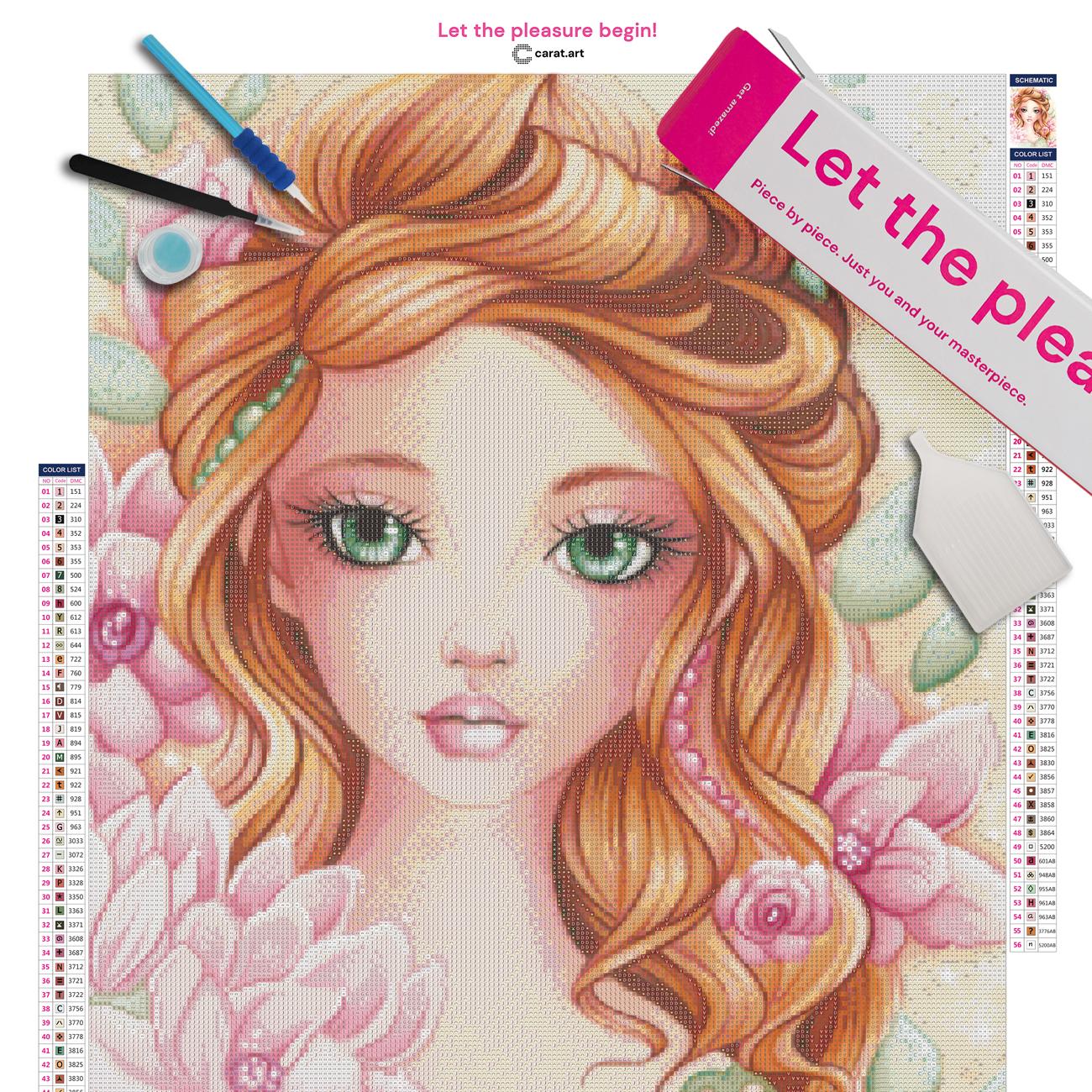 Diamond Painting Set mit Camellia Mädchenportrait und Blütenmotiv inklusive Leinwand, Carat Art Karton und hochwertigem Zubehör
