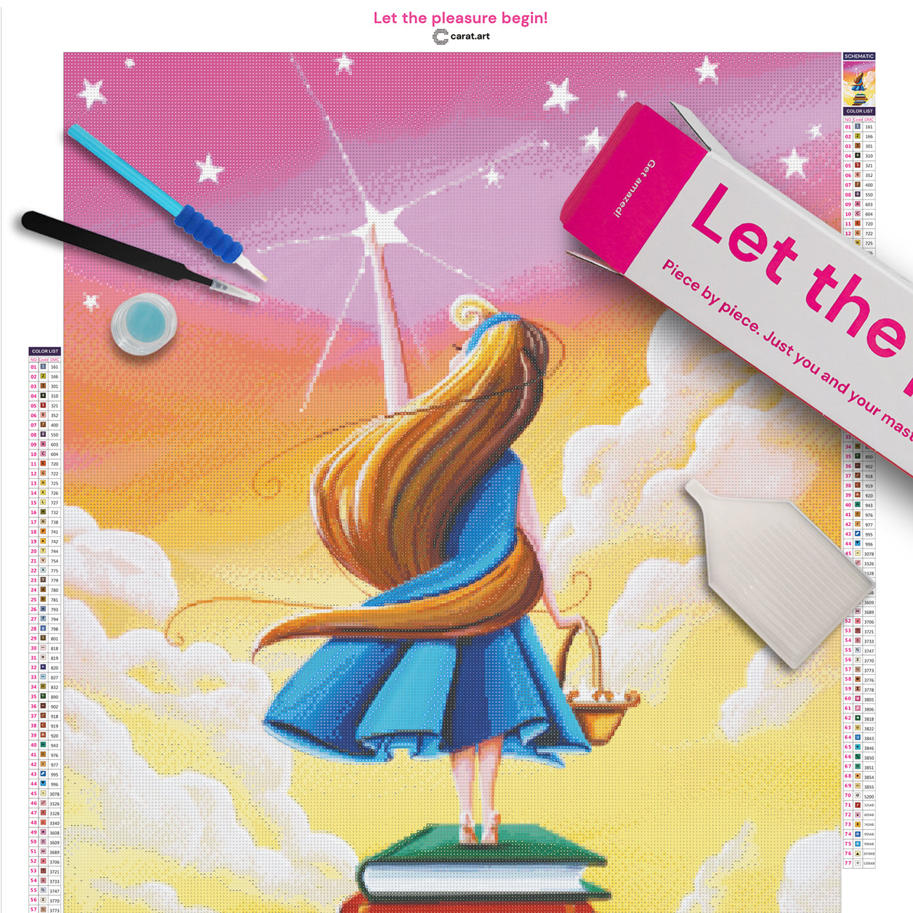 Diamond Painting Set mit Mädchen im blauen Kleid, Bücherstapel und Stern inklusive Leinwand, Carat Art Karton und hochwertigem Zubehör