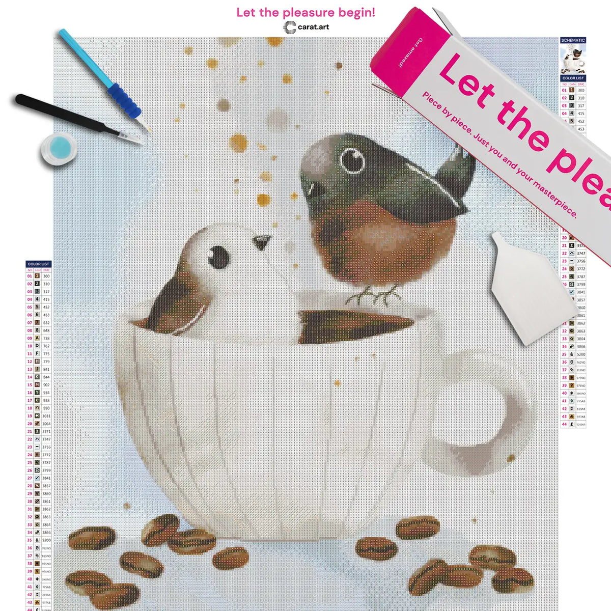 Diamond Painting Set mit Kaffee Motiv und niedlichen Vögeln auf Leinwand, mit Carat Art Karton und hochwertigem Zubehör