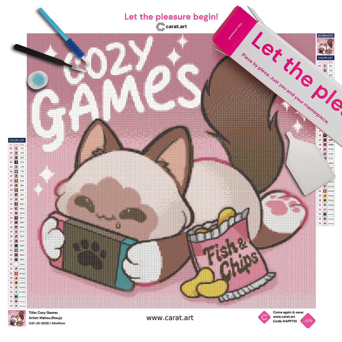 Diamond Painting Set mit niedlichem Kätzchen am Controller, Snacks und dem Schriftzug „Cozy Games“ inklusive Leinwand, Carat Art Karton und Diamond Painting Werkzeug