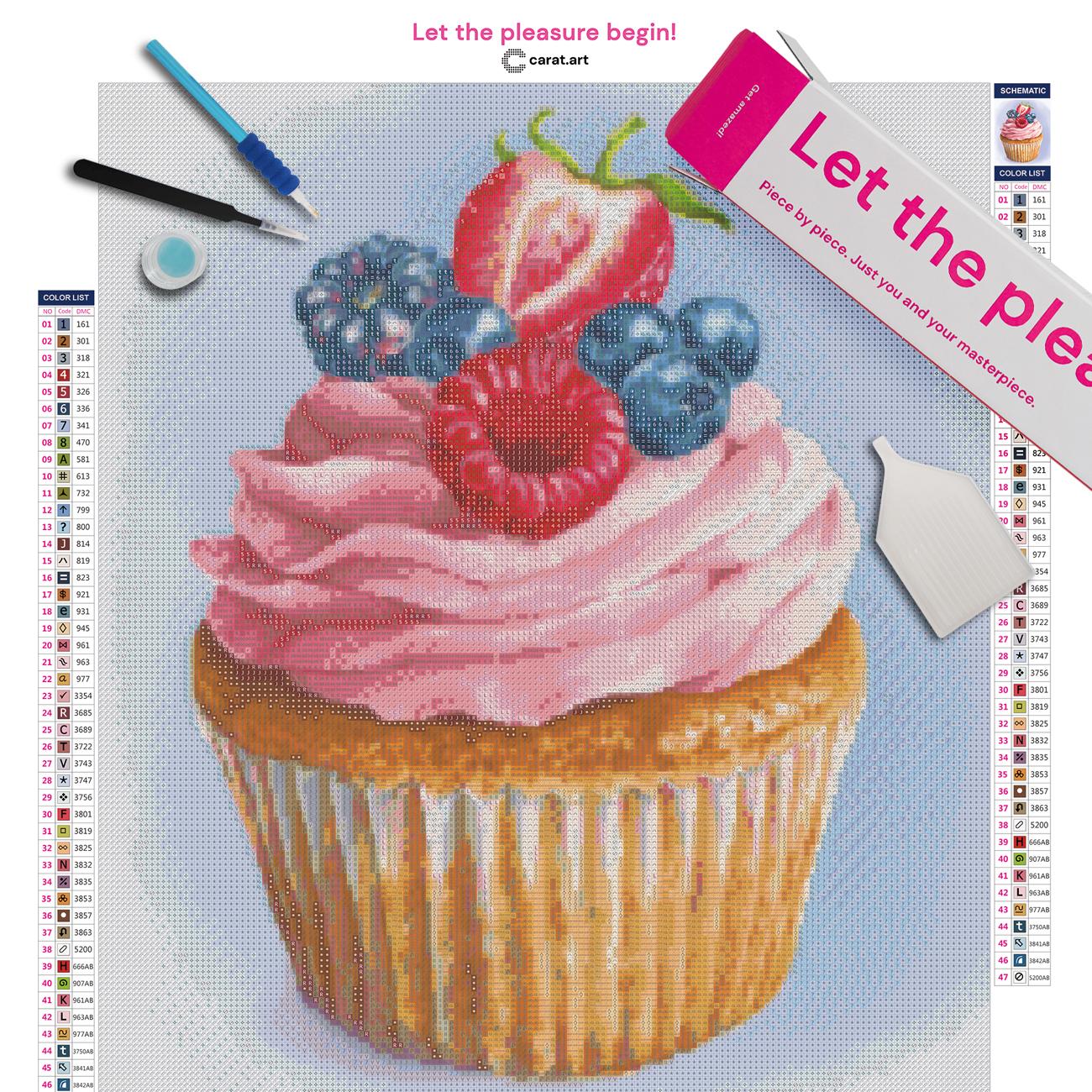 Diamond Painting Bastelset mit Cupcake und Beeren inklusive Leinwand, Carat Art Karton und hochwertigem Zubehör