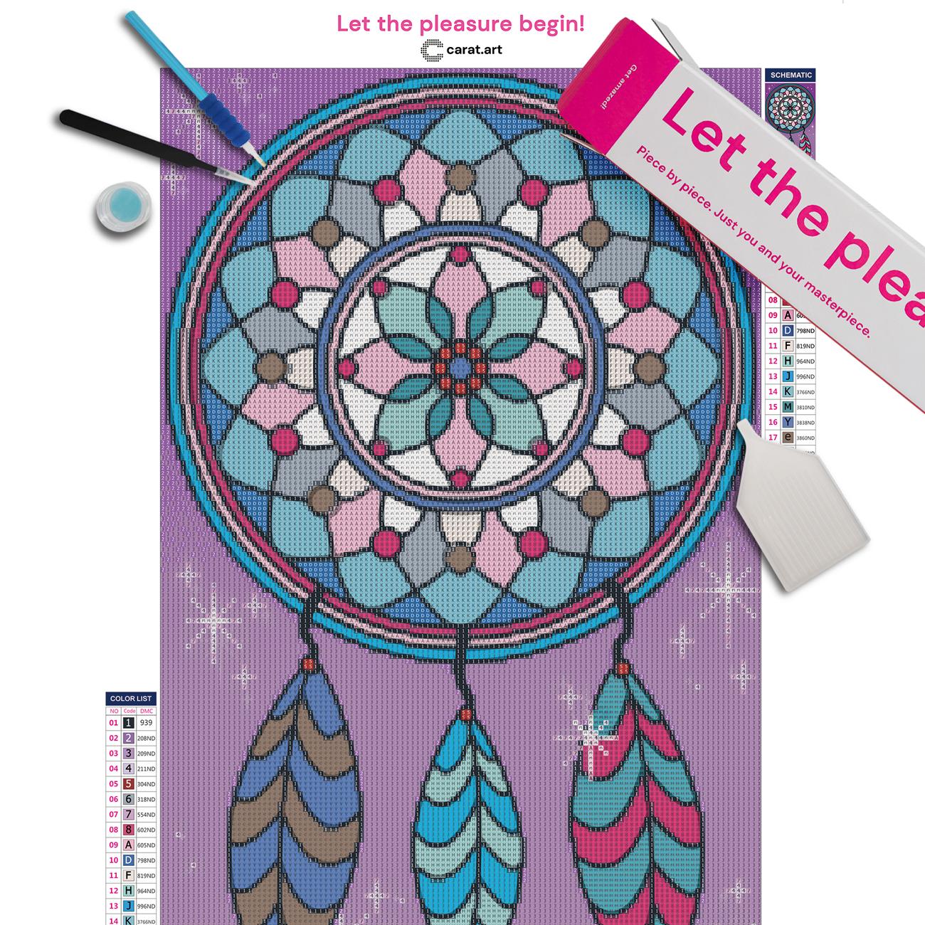 Diamond Painting Set mit Traumfänger im Mandala-Design und drei Federn inklusive Leinwand, Carat Art Karton und hochwertigem Zubehör