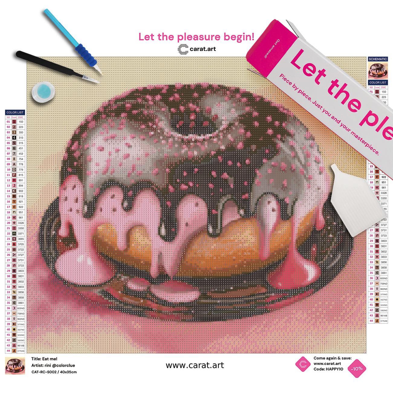 Diamond Painting Set mit prachtvollem Donut auf einem dunklen Teller, rosafarbener Erdbeerglasur und darüber glänzender Schokoladenglasur, die am Donut herabtropfen, inklusive Leinwand, Carat Art Karton und hochwertigem Zubehör