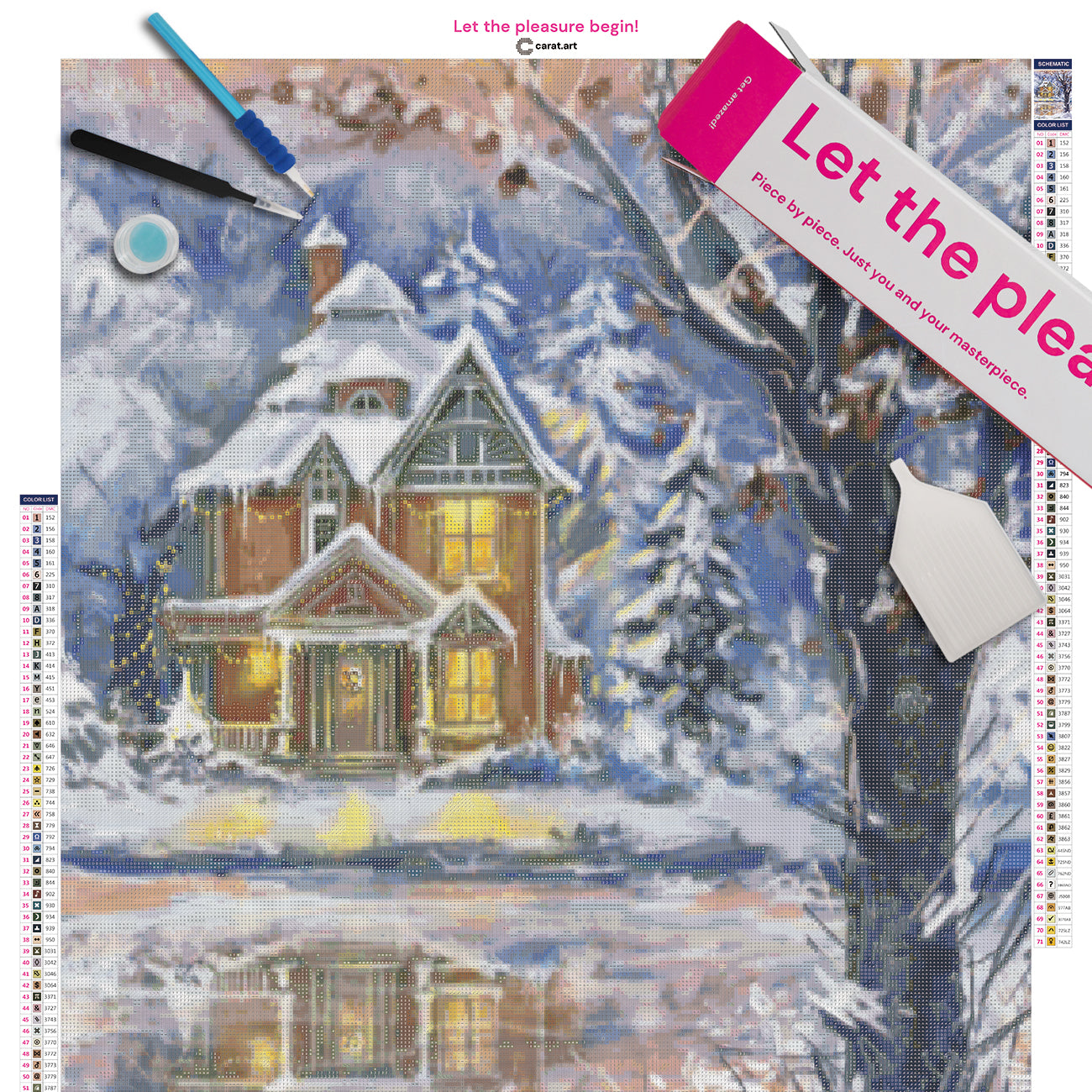 Diamond Painting Set mit festlich beleuchtetem Haus, verschneiter Landschaft und gefrorenem See inklusive Leinwand, Carat Art Karton und hochwertigem Zubehör