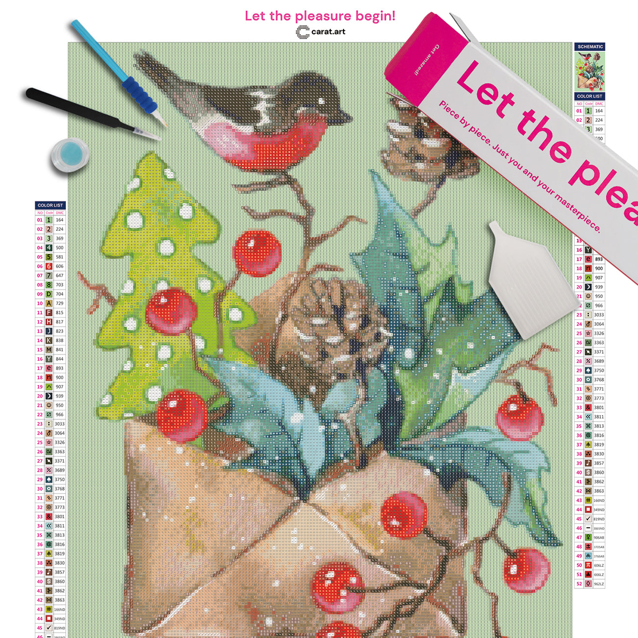 Diamond Painting Set mit festlichem Umschlag, Tannenzapfen, Stechpalmenblättern, roten Beeren und kleinem Vogel inklusive Leinwand, Carat Art Karton und hochwertigem Zubehör