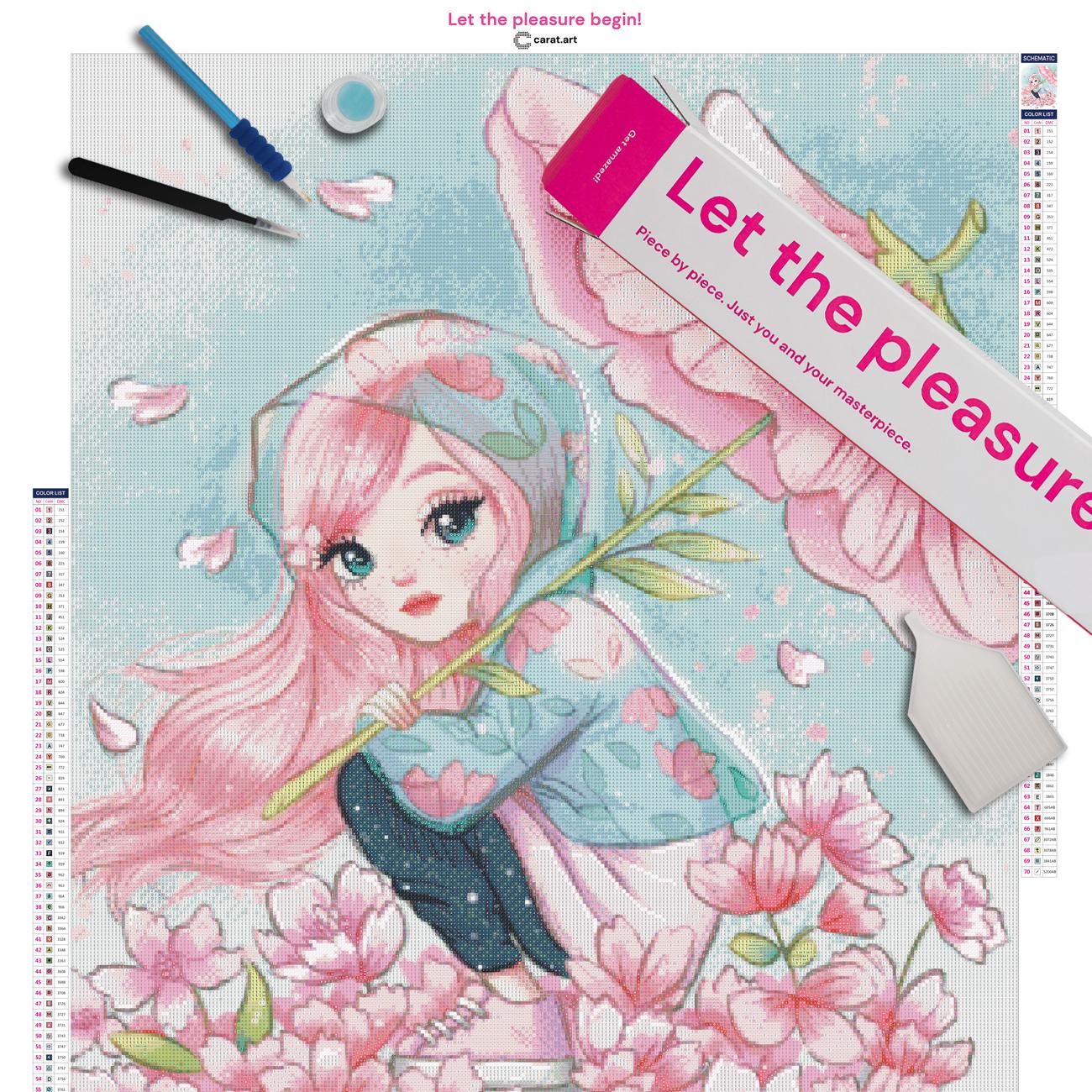 Diamond Painting Set mit Mädchen, Blütenschirm und geblümtem Regenmantel inklusive Leinwand, Carat Art Karton und hochwertigem Zubehör