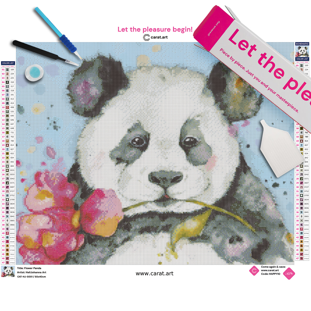 Diamond Painting Set mit niedlichem Pandabären und großer Blüte in Pink- und Goldtönen vor hellblauem Hintergrund inklusive Leinwand, Diamond Painting Werkzeug und Carat Art Karton