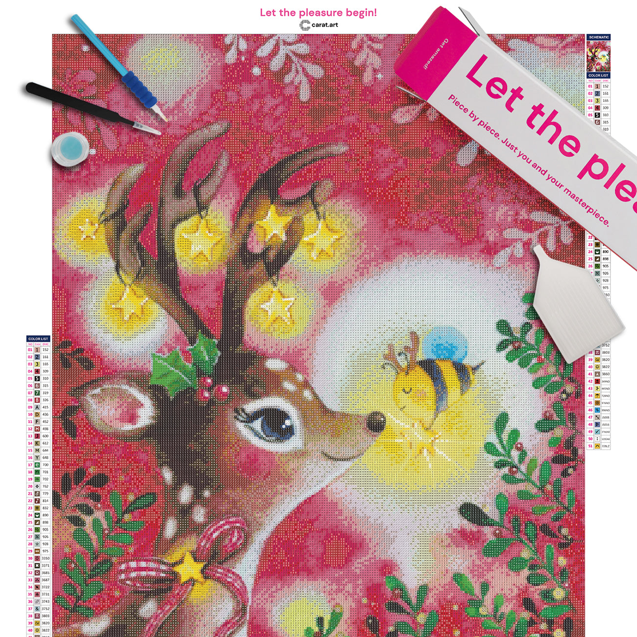 Premium Diamond Painting Set mit Weihnachtsmotiv, Reh, Biene und Mistelzweigen inklusive Leinwand, Carat Art Karton und hochwertigem Zubehör
