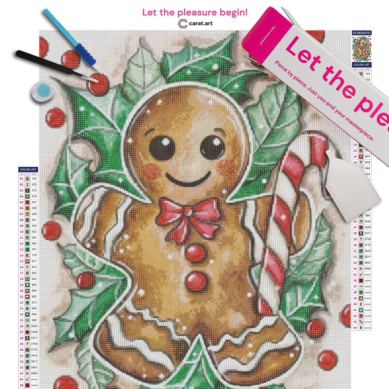 Diamond Painting Set mit Lebkuchenmann, weißer Verzierung, roter Schleife und roten Knöpfen, grünen Blättern, roten Beeren und einer Zuckerstange inklusive Leinwand, Carat Art Karton und hochwertigem Zubehör