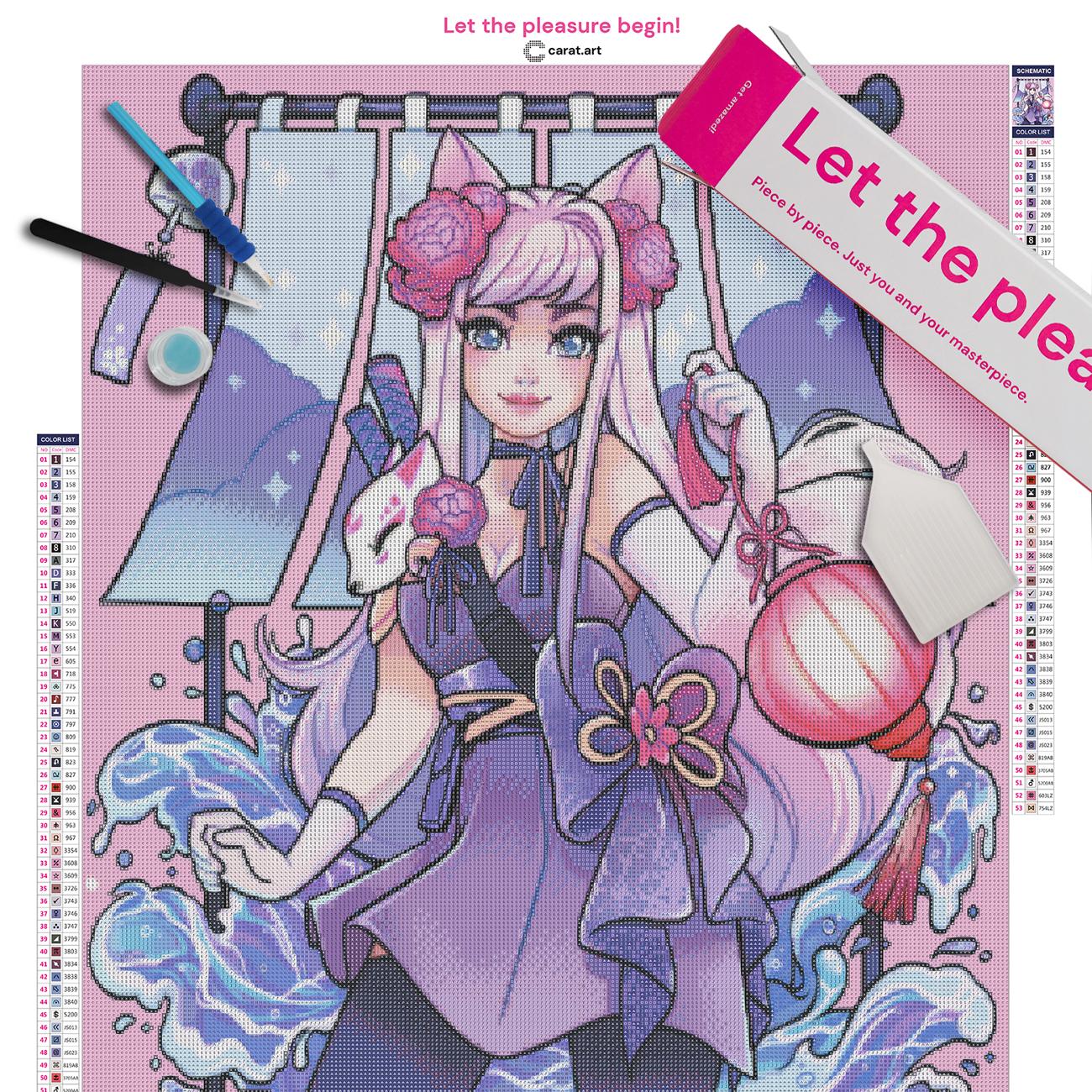 Premium Diamond Painting Set mit Kitsune Mädchen und japanischem Fantasy Motiv inklusive Leinwand, Carat Art Karton und hochwertigem Zubehör