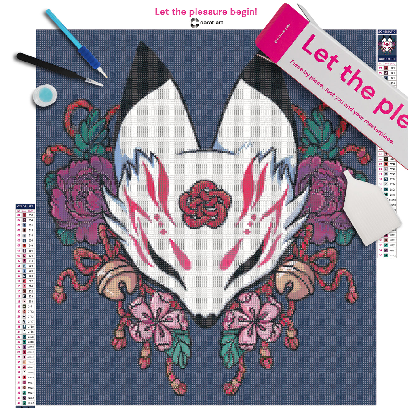 Diamond Painting Set mit Kitsune-Maske und asiatisch inspirierten Blüten-, Blatt- und Glöckchen-Details inklusive Leinwand, Carat Art Karton und hochwertigem Zubehör