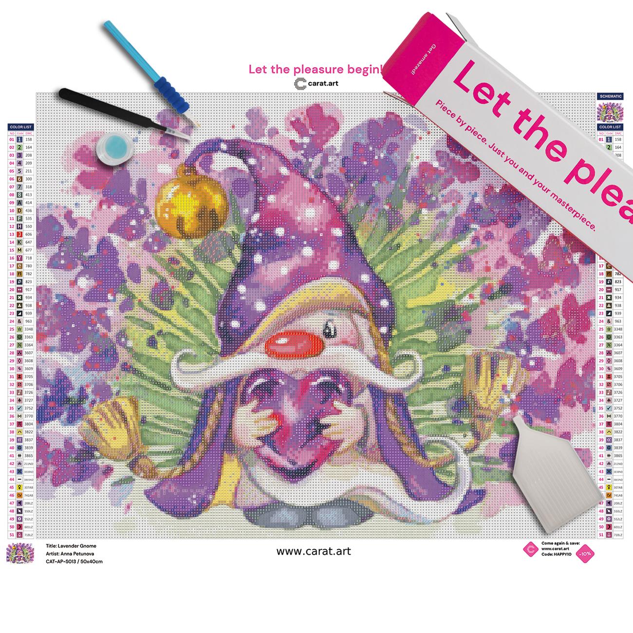 Diamond Painting Set mit Lavendel-Gnom, gepunkteter lila Mütze, Glöckchen und herzförmigem Amethysten inklusive Leinwand, Carat Art Karton und hochwertigem Zubehör