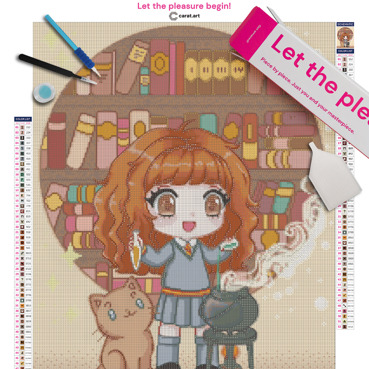 Diamond Painting Komplett-Set mit kleiner Hexenschülerin, Katze, Zauberkessel und Zauberphiolen in einer magischen Bibliothek inklusive Diamond Painting Zubehör und Carat Art Box