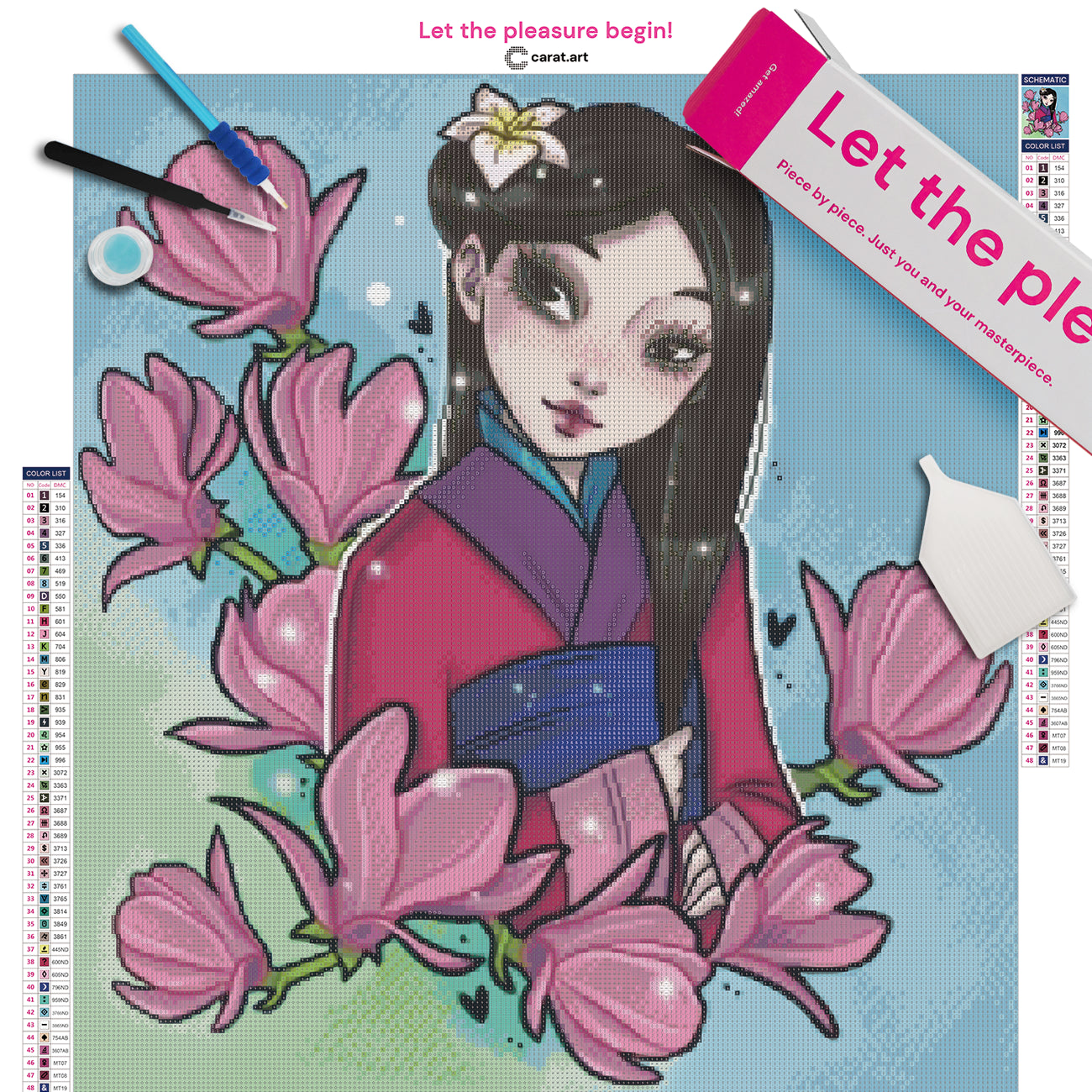 Diamond Painting Set mit Mulan mit dunklen Haaren und dunklen Augen im Kimono, einer Blüte im Haar und Ästen mit zahlreichen Magnolienblüten inklusive Leinwand, Carat Art Karton und hochwertigem Zubehör