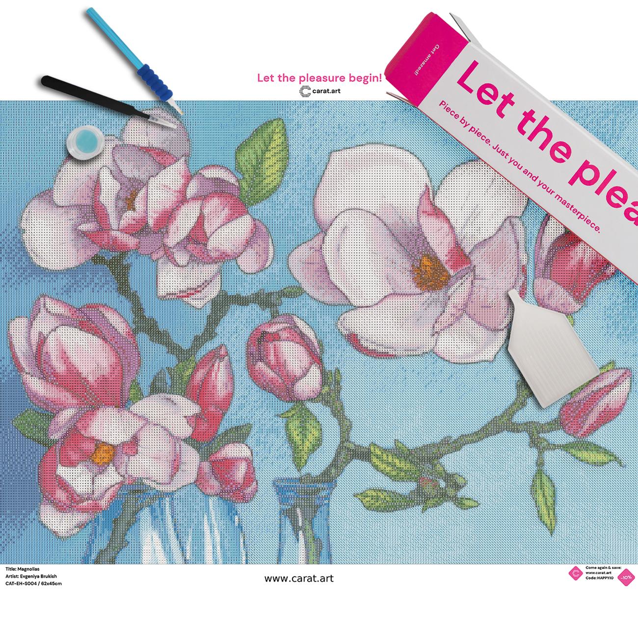 Diamond Painting Set mit rosa-weißen Magnolien und Glasgefäßen inklusive Leinwand, Carat Art Karton und hochwertigem Zubehör