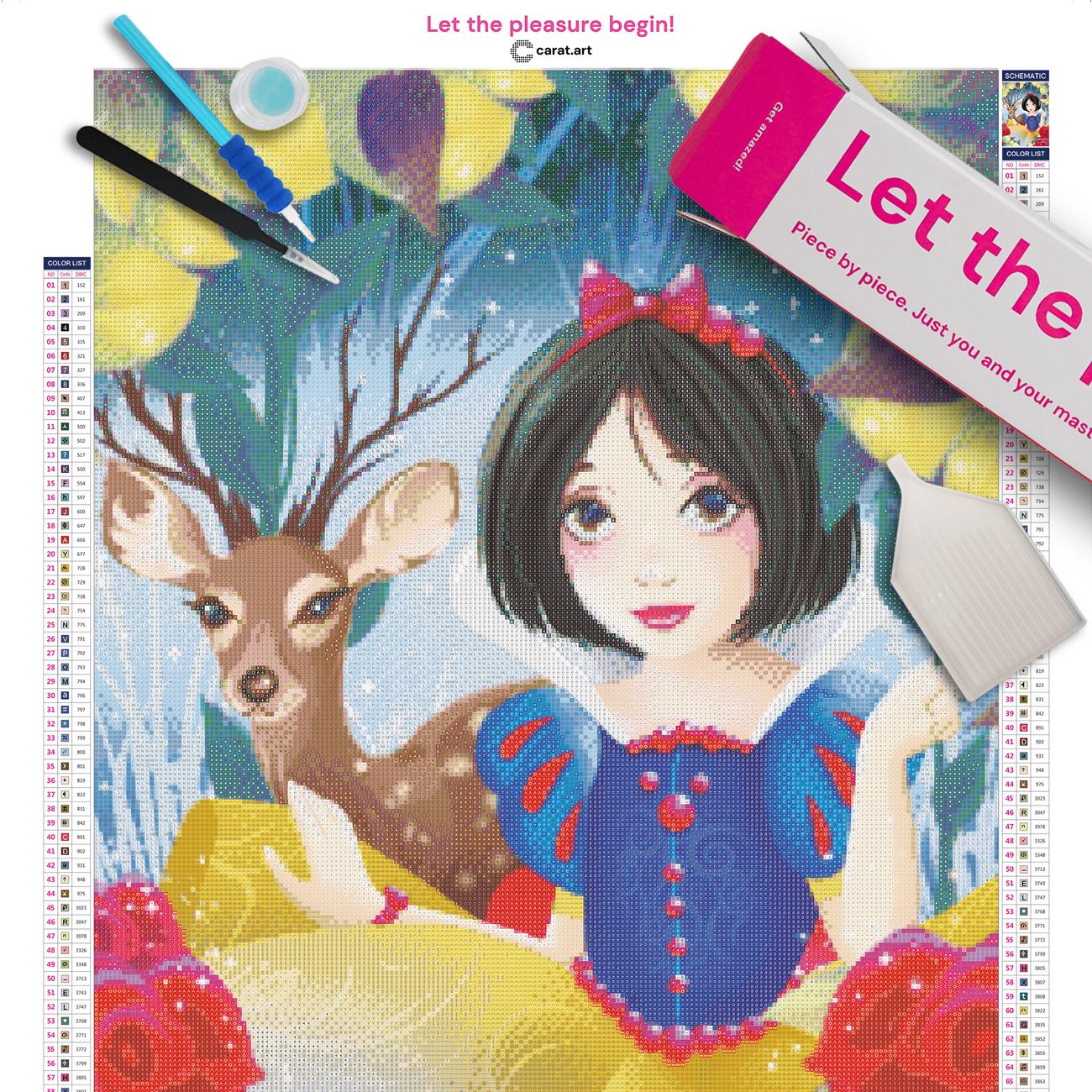 Diamond Painting Set mit Schneewittchen, Reh und rote Rosen inklusive Leinwand, Carat Art Karton und hochwertigem Zubehör