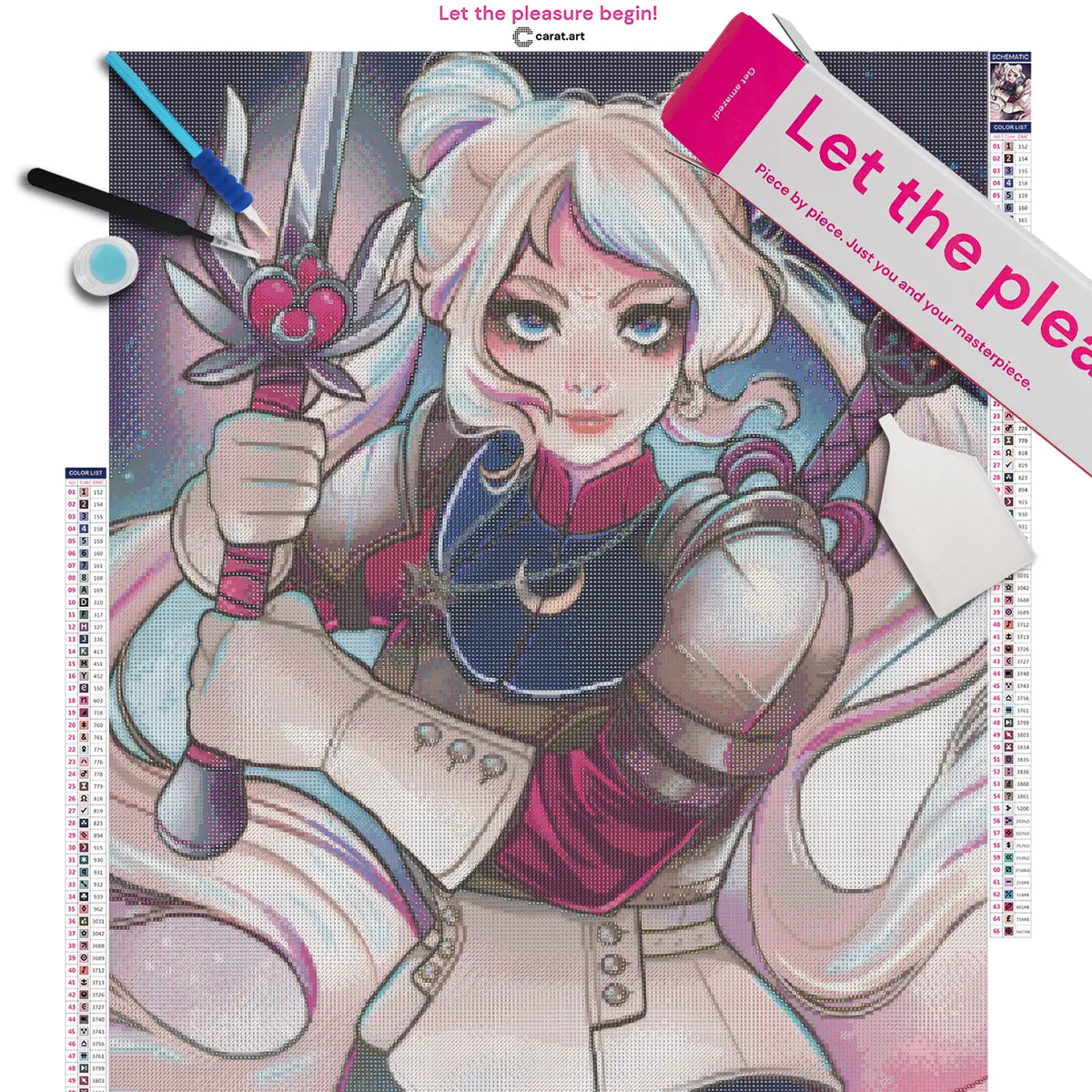 Diamond Painting Set mit Anime Mondkriegerin und Schwert Motiv auf Leinwand, mit Carat Art Karton und hochwertigem Zubehör