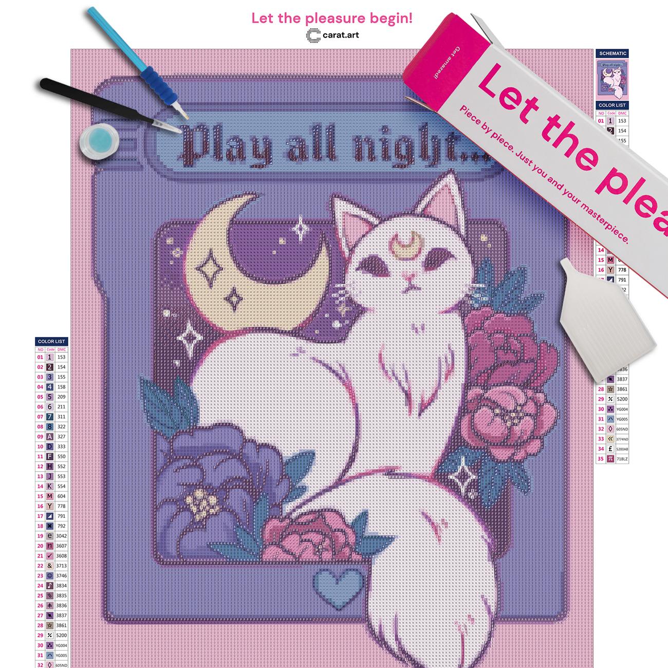 Premium Diamond Painting Set mit magischer Anime Katze, Blumen und Sternenhimmel inklusive Leinwand, Carat Art Karton und hochwertigem Zubehör