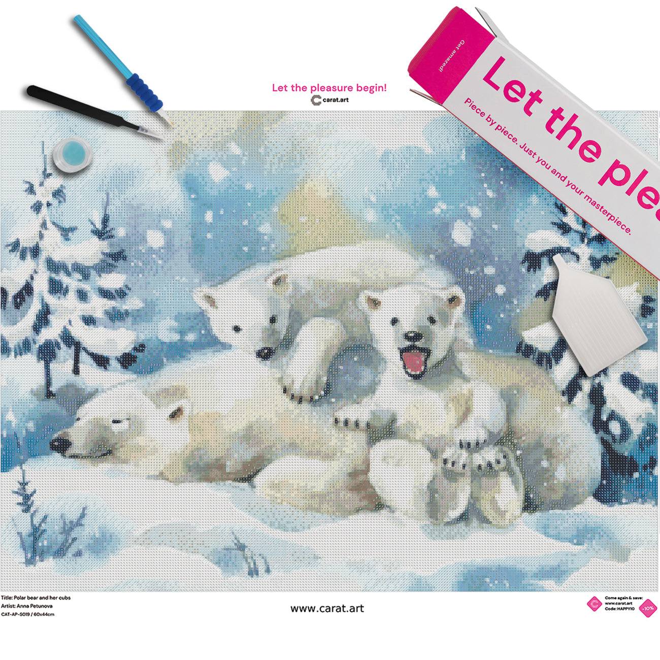 Premium Diamond Painting Set mit Eisbärenmutter und zwei Eisbärenjungen in verschneiter Winterlandschaft inklusive Leinwand, Carat Art Karton und hochwertigem Zubehör