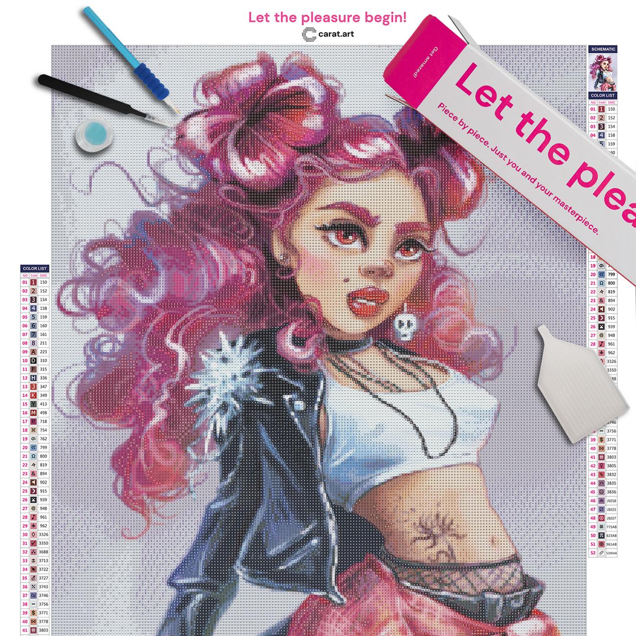 Diamond Painting Set mit Punk-Girl, pinkfarbenen Locken, Lederjacke, zerrissener Jeans und sichtbarem Bauchtattoo inklusive Leinwand, Carat Art Karton und hochwertigem Zubehör