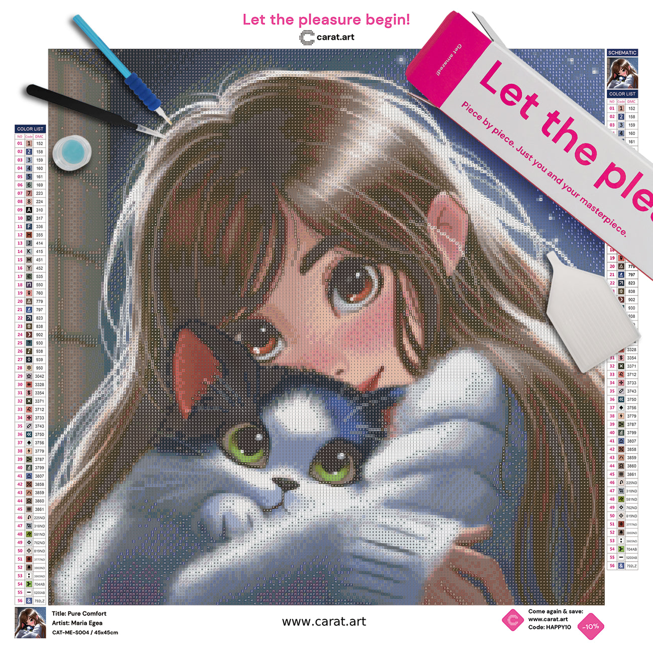Diamond Painting Set mit Mädchen mit dunklen Haaren und kuscheligem Wollpullover, die mit ihrer Katze vor einem funkelnden Sternenhimmel kuschelt, inklusive Leinwand, Carat Art Karton und hochwertigem Zubehör