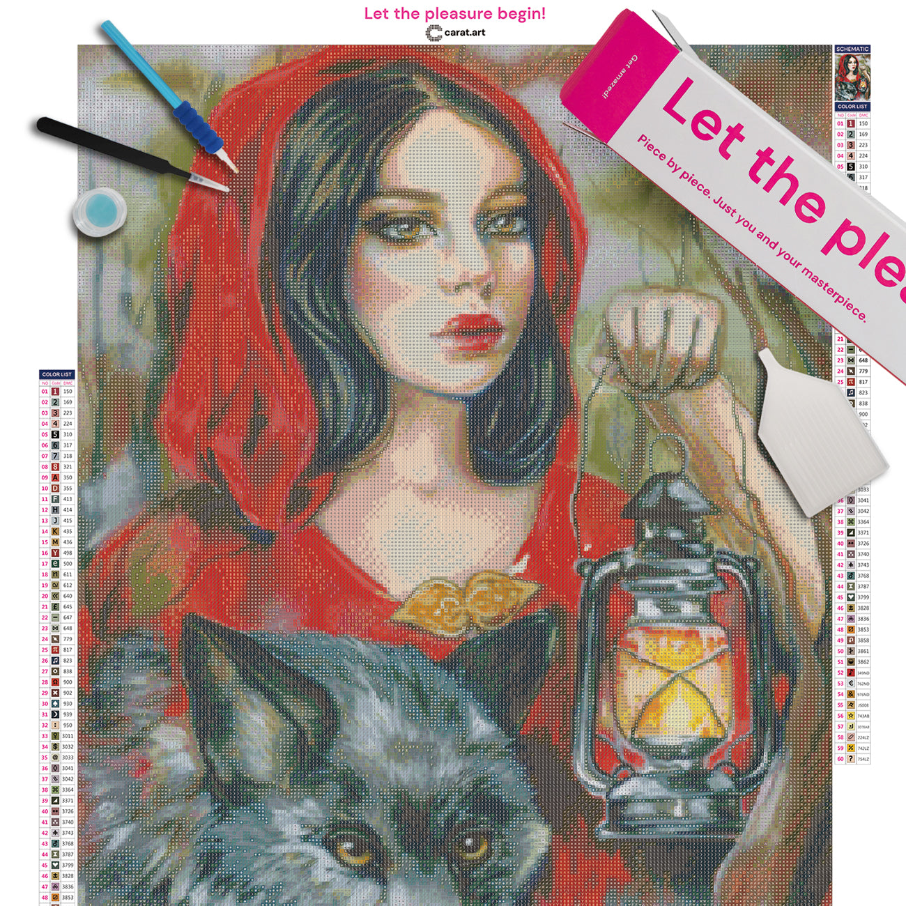 Diamond Painting Set mit Rotkäppchen und Wolf im Märchenmotiv inklusive Leinwand, Carat Art Karton und hochwertigem Zubehör