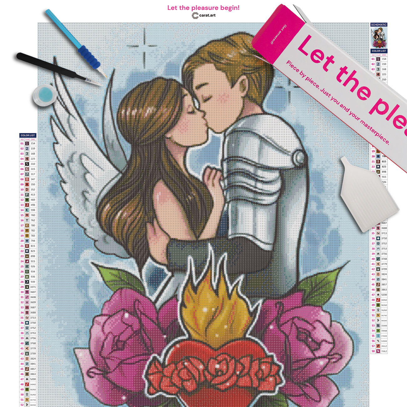 Diamond Painting Set Romeo und Julia mit Rosen und Herzmotiv inklusive Leinwand, Carat Art Karton und hochwertigem Zubehör