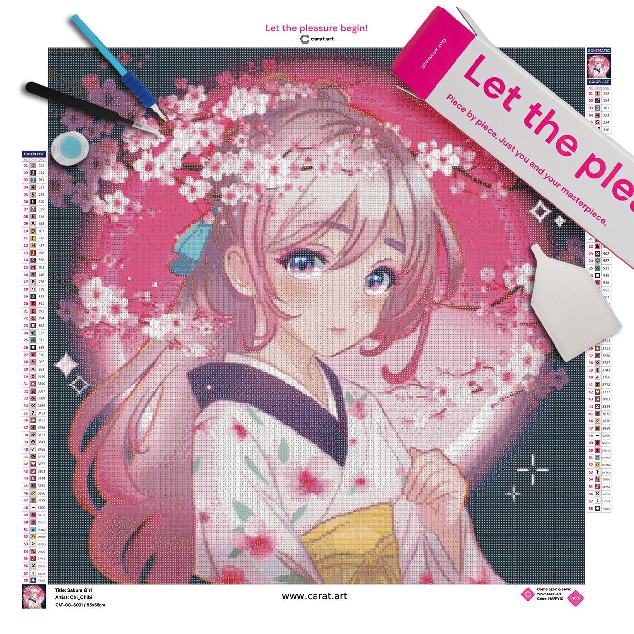 Diamond Painting Set mit Mädchen im Kimono und blühenden Sakura-Zweigen inklusive Leinwand, Carat Art Karton und hochwertigem Zubehör