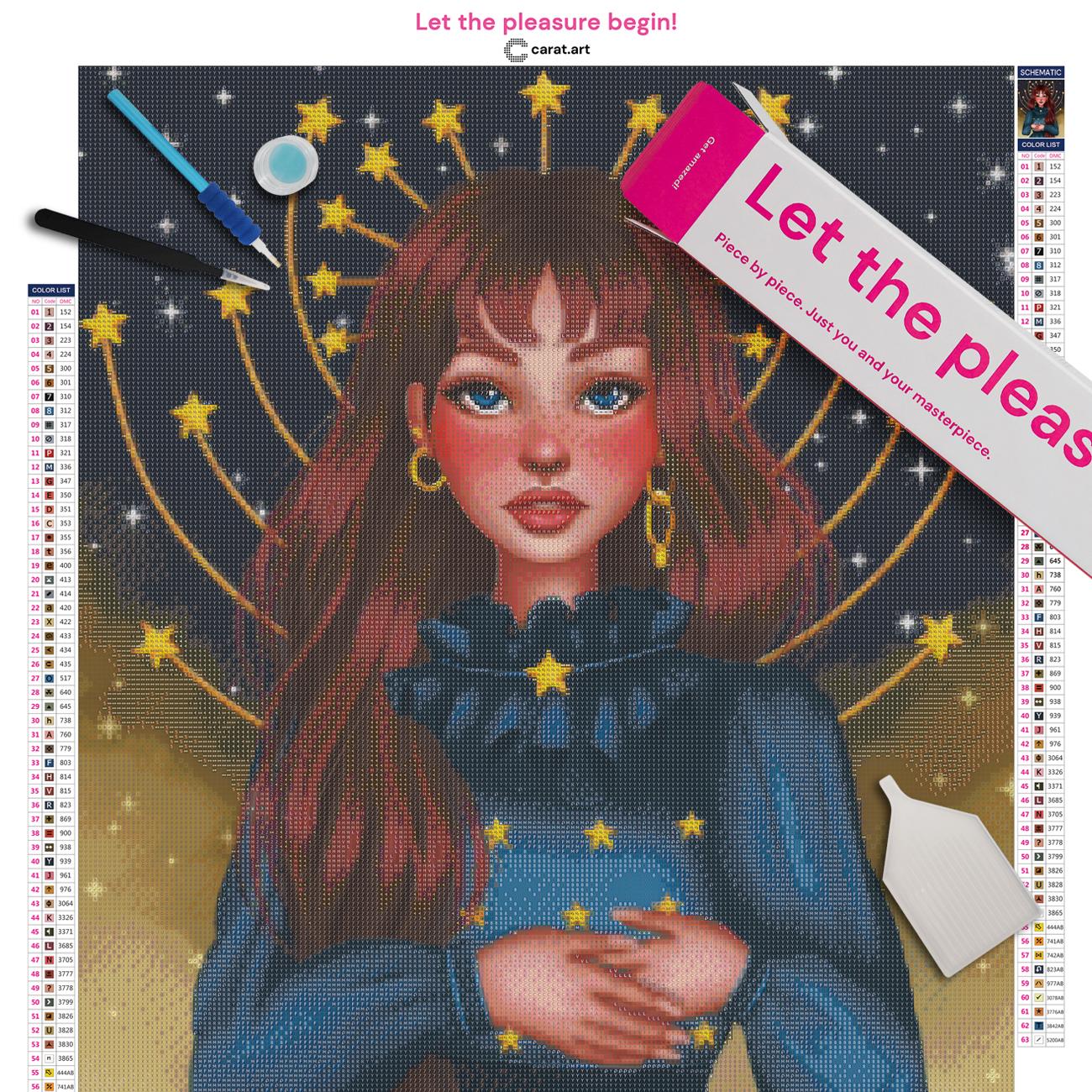 Diamond Painting Set mit Schicksalsgöttin, langen roten Haaren, türkisem Kleid und funkelnden Sternen in den Händen vor einer mystischen Sternenkonstellation inklusive Leinwand, Carat Art Karton und hochwertigem Zubehör