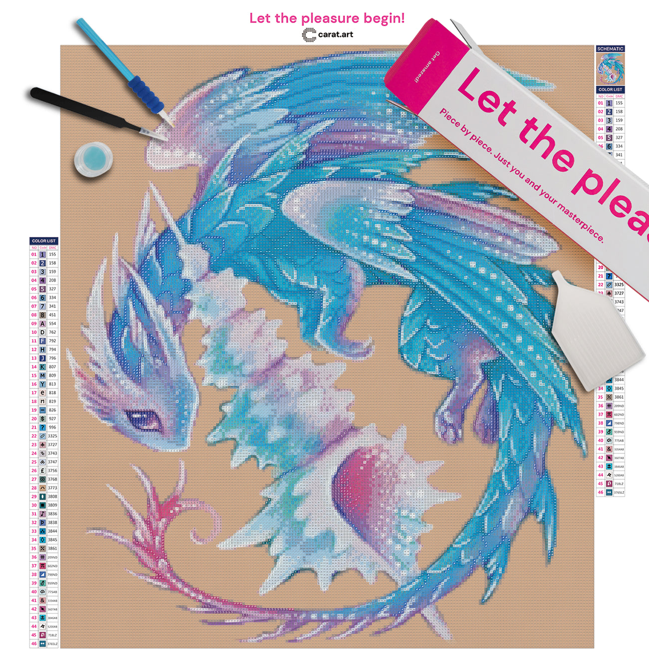 Diamond Painting Komplett-Set mit prächtigem Meeresdrachen, glänzenden Schuppen, gefiederten Flügeln und großer Muschel auf Leinwand mit Diamond Painting Werkzeug und Carat Art Box