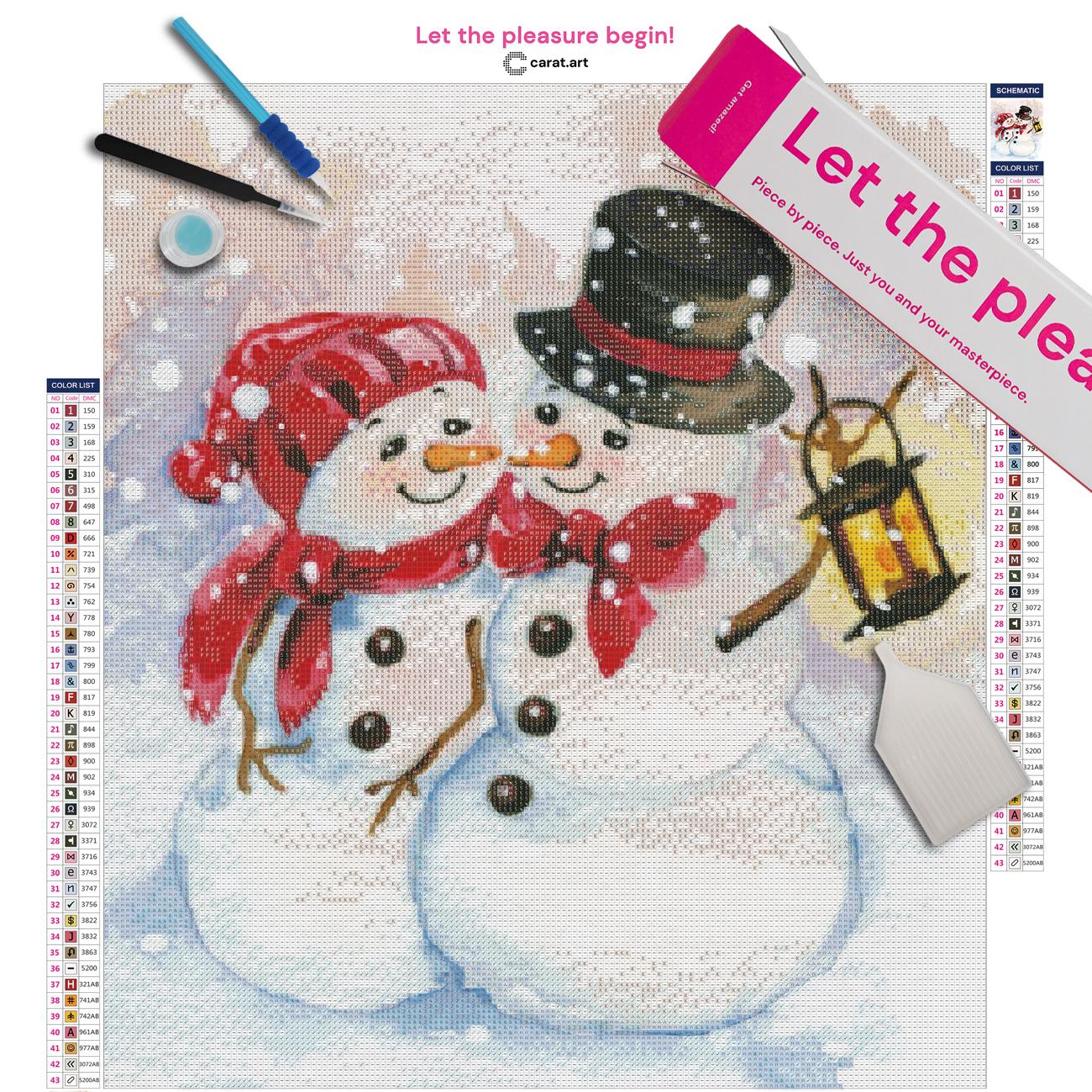 Premium Diamond Painting Set mit Schneemann und Schneefrau, verschneiter Landschaft und Laternen Motiv auf Leinwand mit hochwertigem Zubehör