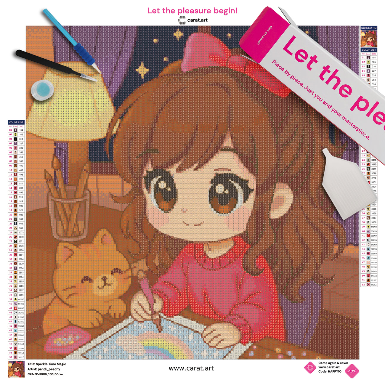 Diamond Painting Set mit dunkelhaarigem Mädchen im roten Pulli und roter Schleife im Haar, das gemeinsam mit seiner Katze in einem gemütlichen Wohnzimmer Diamond Painting macht, inklusive Leinwand, Carat Art Karton und hochwertigem Zubehör